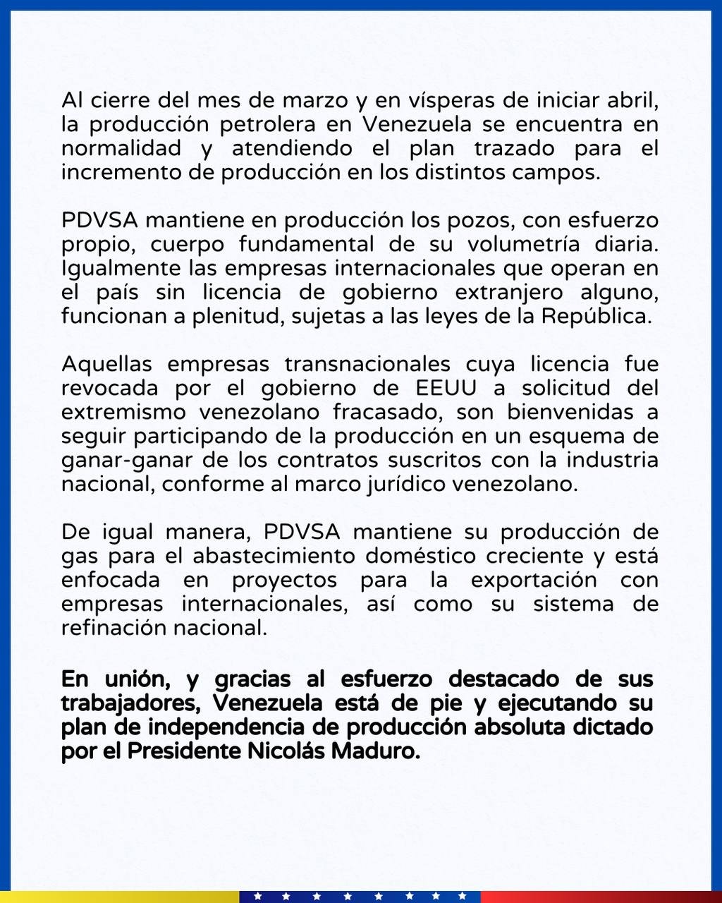 Producción petrolera en Venezuela funciona con normalidad y a plenitud