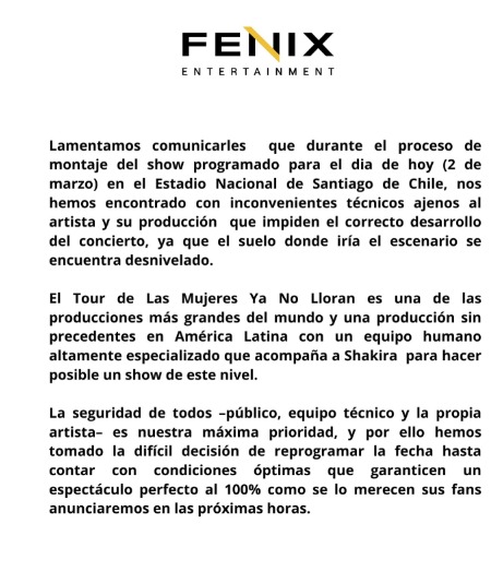 Shakira también suspende su concierto en Chile