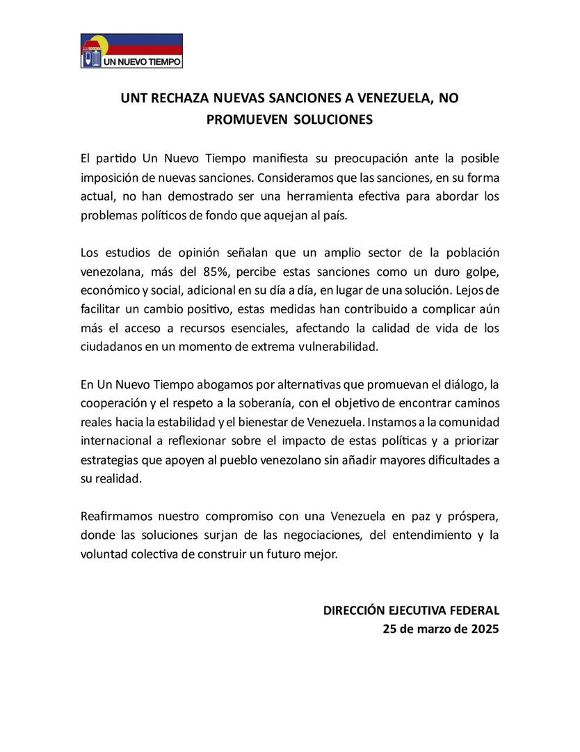 UNT rechaza nuevas sanciones a Venezuela, no promueven soluciones
