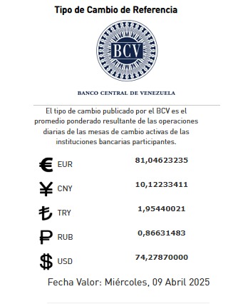 BCV Dólar se cotizará este miércoles 09 de abril en Bs. 74 27