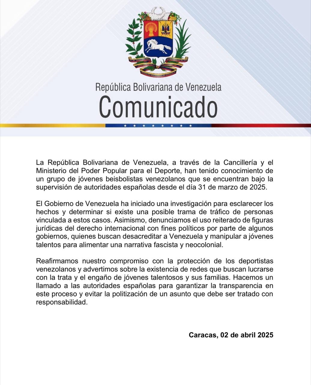 Cancillería: Venezuela investiga posible tráfico de beisbolistas a España