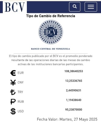 BCV Dólar se cotizará en Bs. 95 23 este martes 27 de mayo