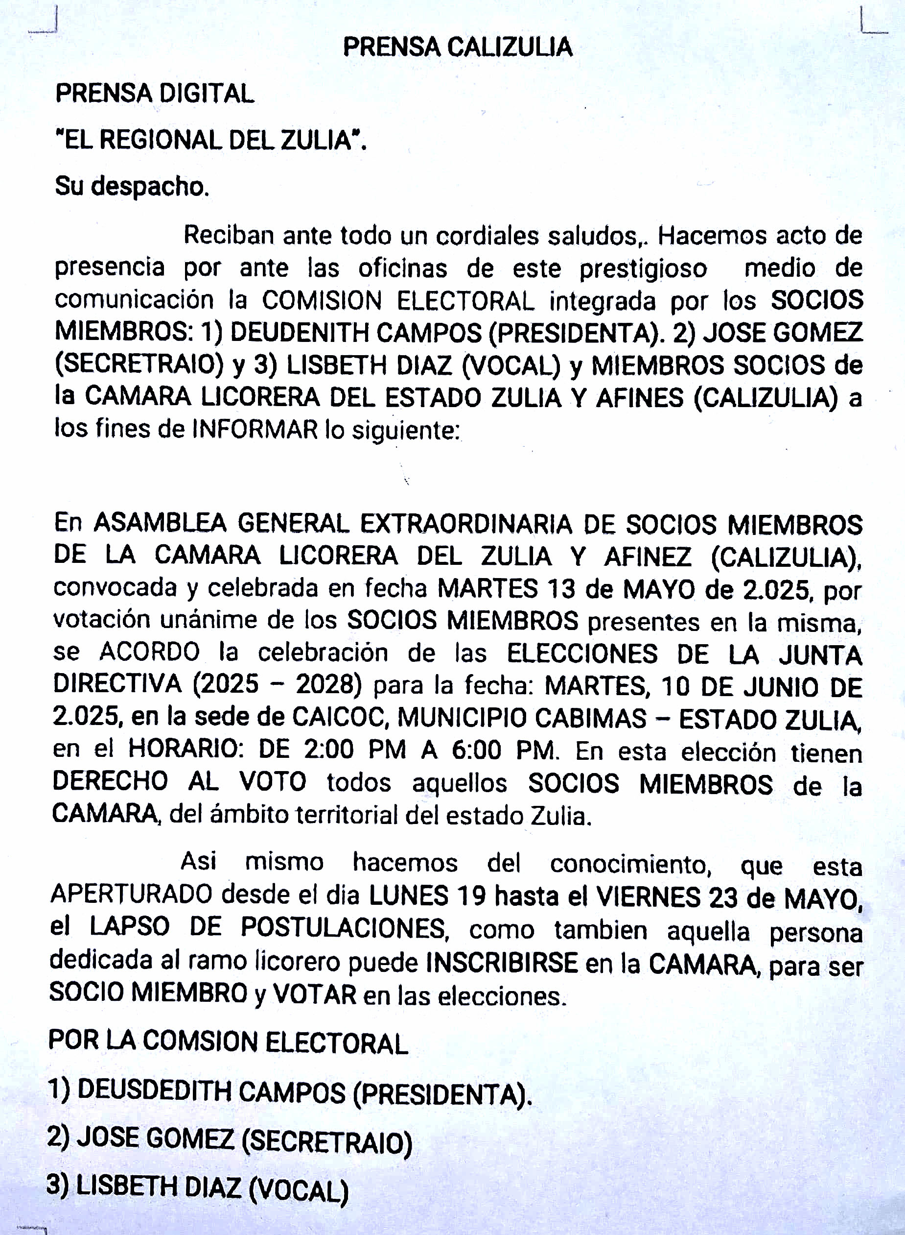 Cámara licorera del estado Zulia y afines (Calizulia) anuncia elecciones