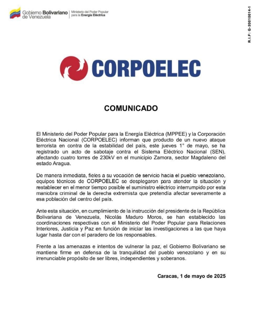 Corpoelec denunció nuevo ataque contra el SEN en Aragua