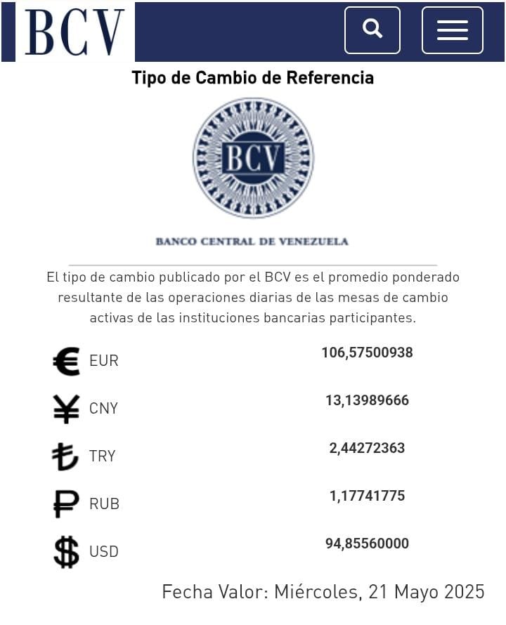 Dólar BCV se cotizará este miércoles 21 de mayo en 94 85 bolívares