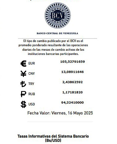 Dólar BCV se cotizará este viernes 16 de mayo en 94 32 bolívares