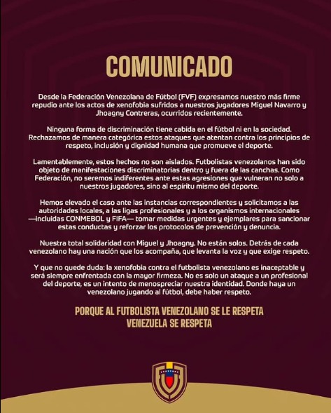 FVF rechaza los actos de xenofobia sufridos por los futbolistas