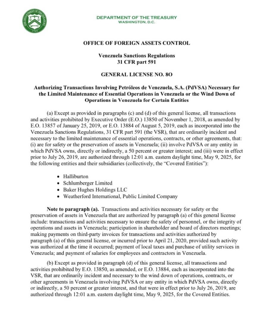 Nacionales.- De acuerdo al comunicado de la OFAC, todas las transacciones cubiertas por esta licencia quedaron autorizadas únicamente hasta las 12:01 a. m. del 9 de mayo de 2025
