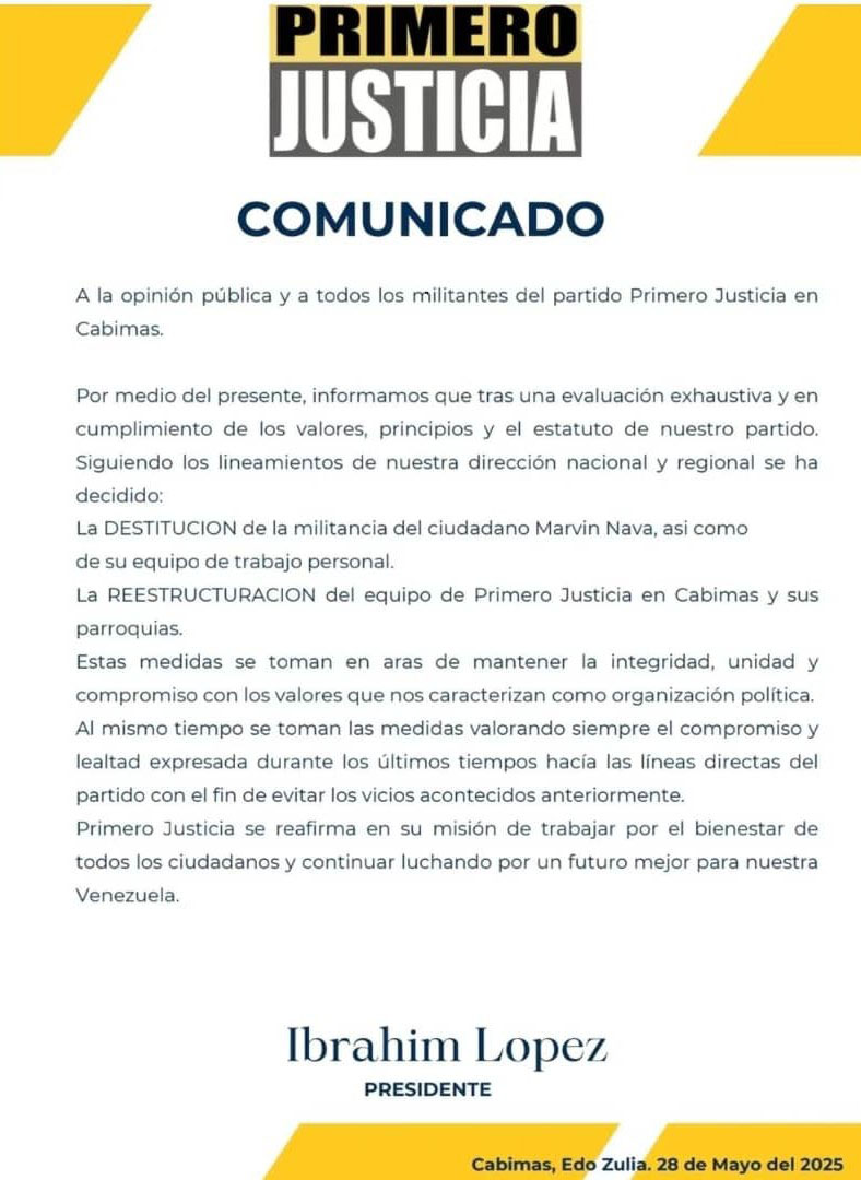 Primero Justicia destituye al concejal Marvin Nava