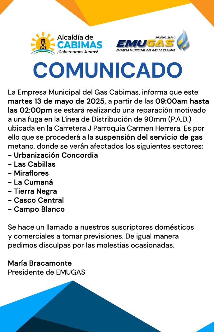 Suspensión del servicio de gas en Cabimas