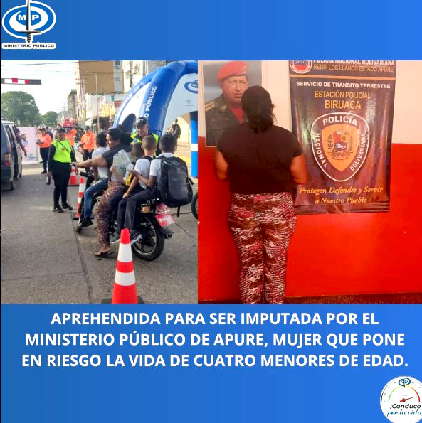 Sucesos.- Este miércoles 4 de junio, el Ministerio Público anunció la aprehensión e imputación de una mujer que llevaba de forma "imprudente y negligente" a cuatro niños en una moto.