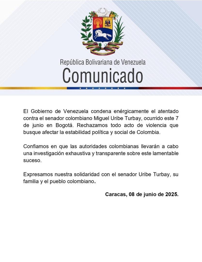 Gobierno de Venezuela condena atentado contra Miguel Uribe 