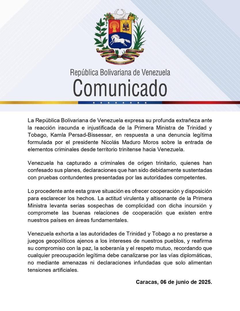 Venezuela pide cooperación a Trinidad y Tobago 