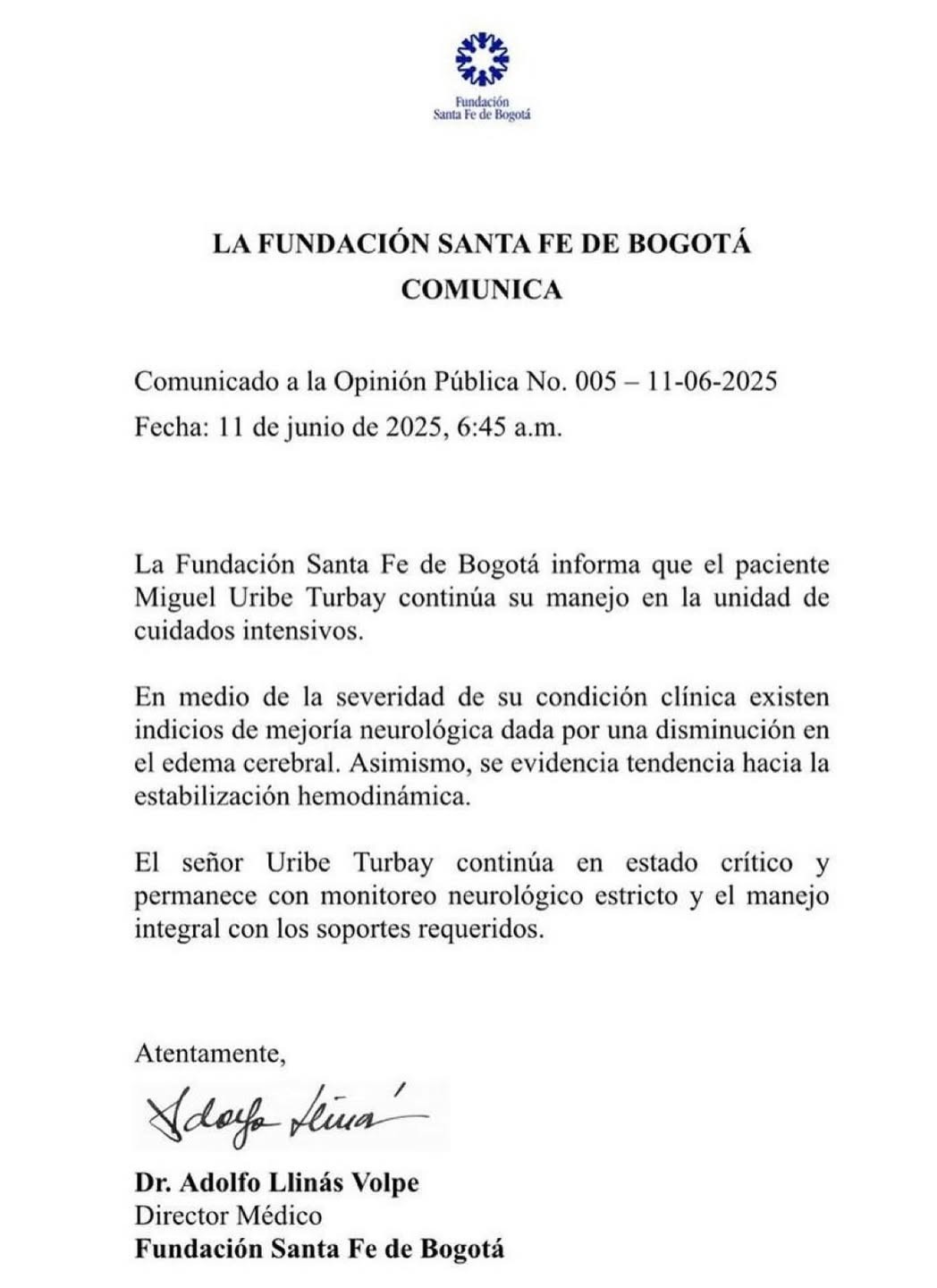 Miguel Uribe tiene mejoría neurológica