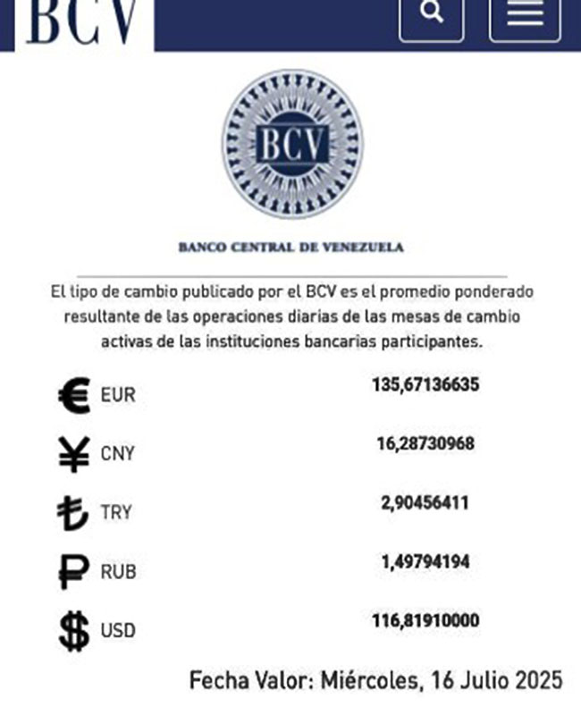 BCV Dólar se cotizará este miércoles 16-J en Bs 116 81