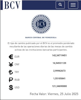 BCV | Dólar se cotizará hasta el viernes 25 de julio en Bs. 121,34