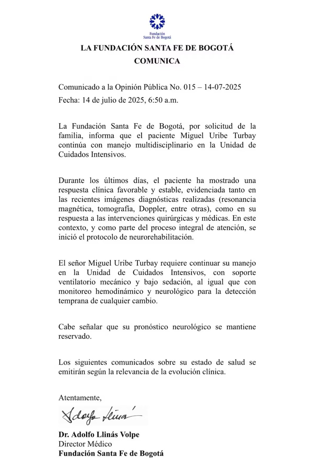 Fundación Santa Fe emite avance clínico del exsenador Miguel Uribe Turbay