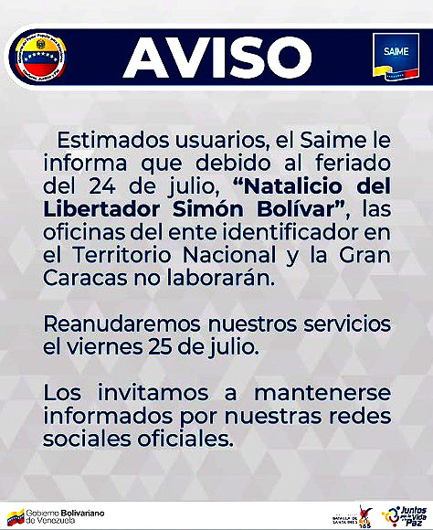 Saime no laborará este 24-Jul por ser día feriado