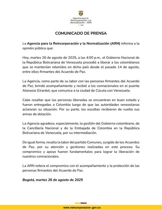 Los cinco colombianos fueron detenidos el pasado 14 de agosto tras cruzar hacia Venezuela. Su retención se produjo en el puente José Antonio Páez, que conecta la ciudad colombiana de Arauca con la localidad venezolana de El Amparo, en el estado de Apure.