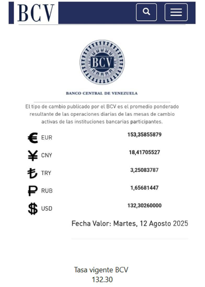 BCV Dólar se cotizará este martes 12 de agosto en Bs 132 30