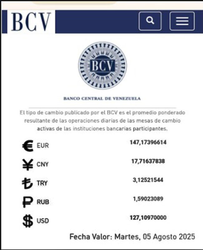 BCV  Dólar se cotizará este martes 5 de agosto en Bs 127 10