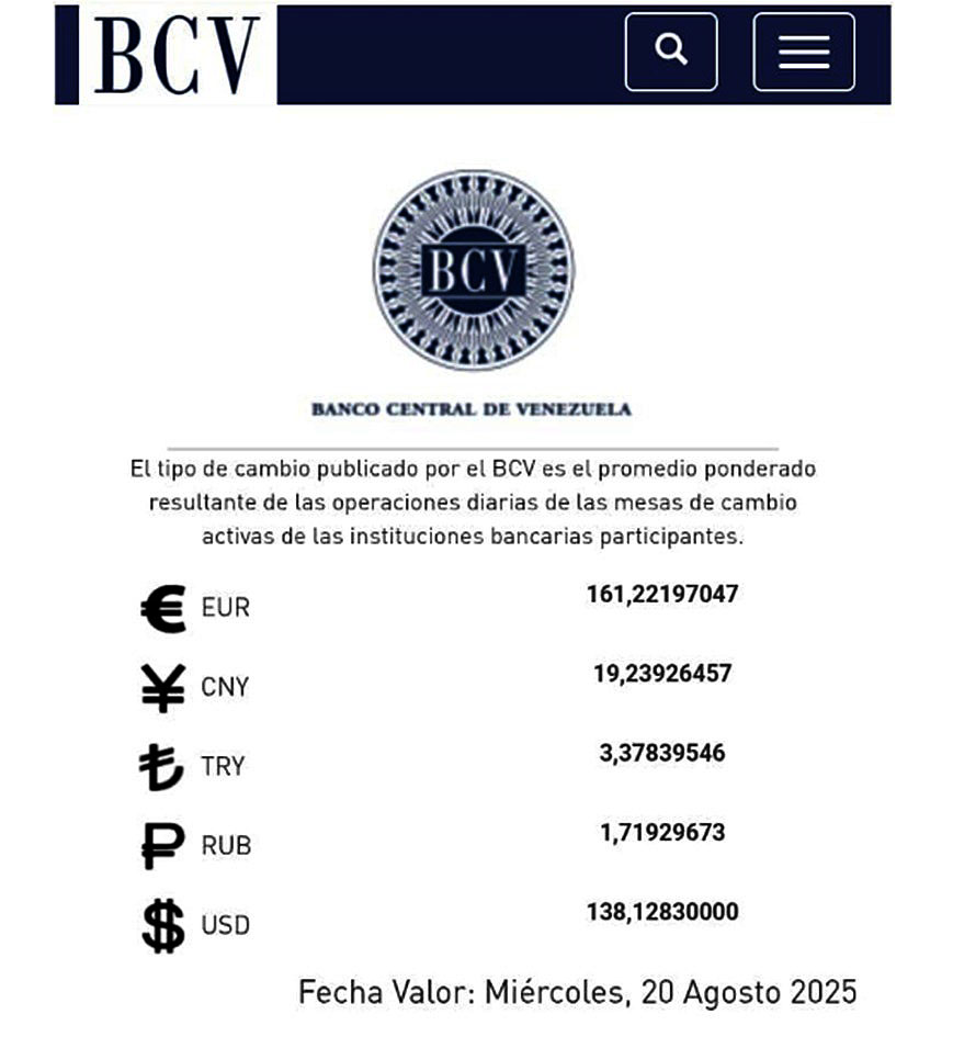 BCV  Dólar se cotizará este miércoles 20 de agosto en Bs 138 12
