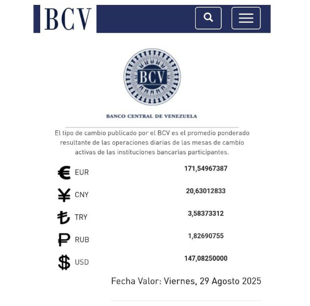 BCV Dólar se cotizará este viernes 29 de agosto en Bs 147 08