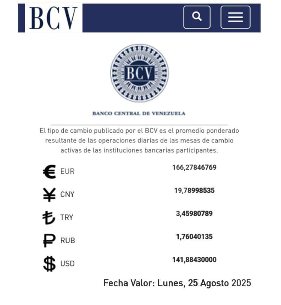 BCV Dólar se cotizará hasta el lunes 25 de agosto en Bs 141 88