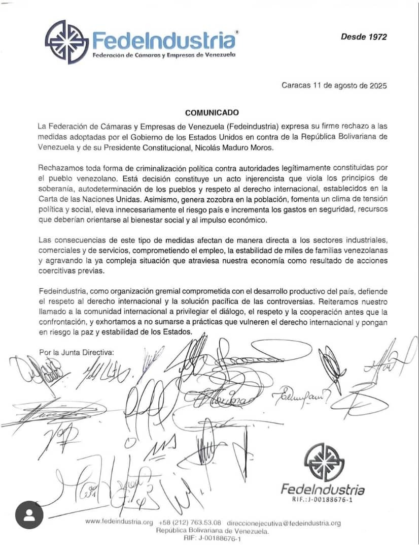 Fedeindustria rechaza acciones de EE. UU. contra el presidente Maduro