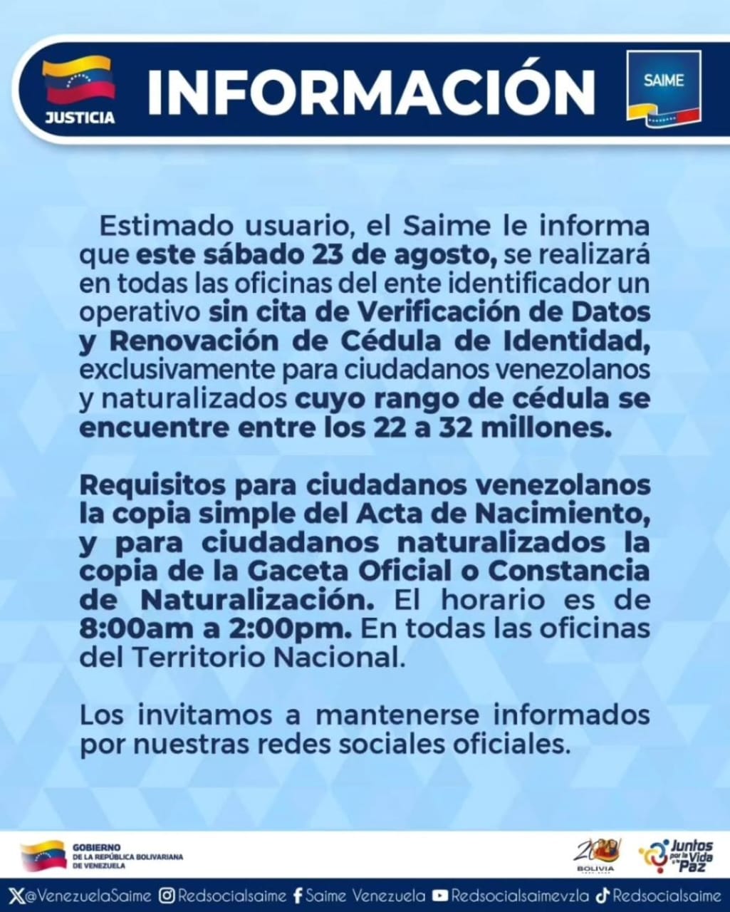 Saime anunció un operativo especial de Verificación de Datos