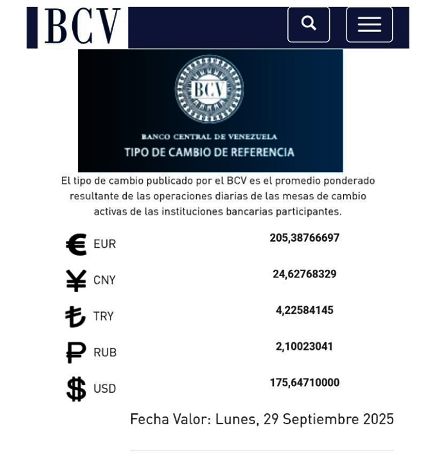 BCV  Dólar se cotizará hasta el lunes 29 de septiembre en Bs. 175 64