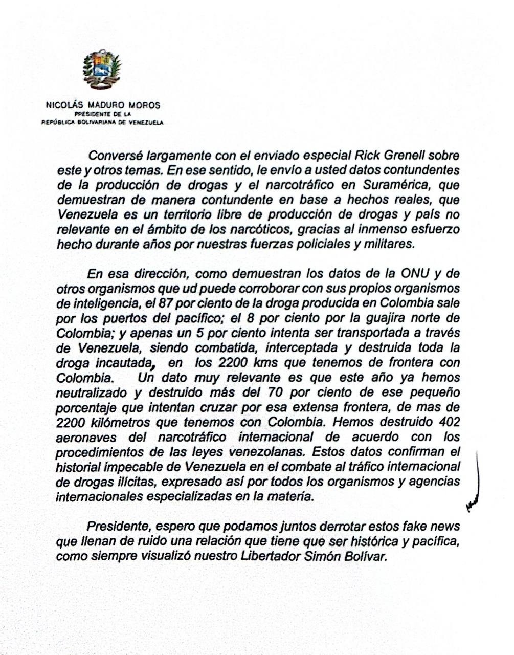 Maduro envía carta a Trump con pruebas de la lucha contra el narcotráfico