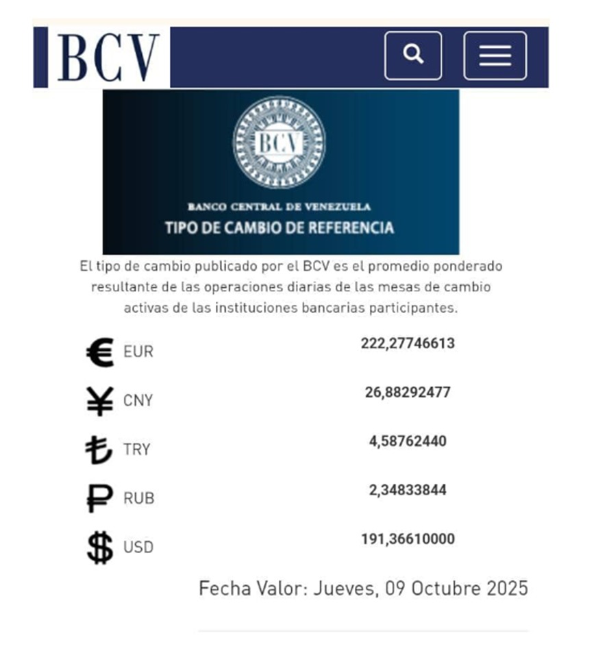 BCV Dólar se cotizará este jueves 09 de octubre en Bs 191 36