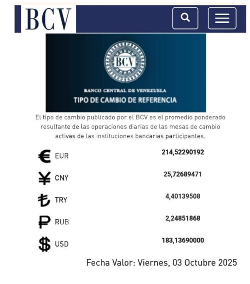 BCV  Dólar se cotizará este viernes 03 de octubre en Bs 183 13