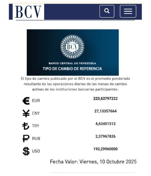BCV Dólar se cotizará este viernes 10 de octubre en Bs 193 29