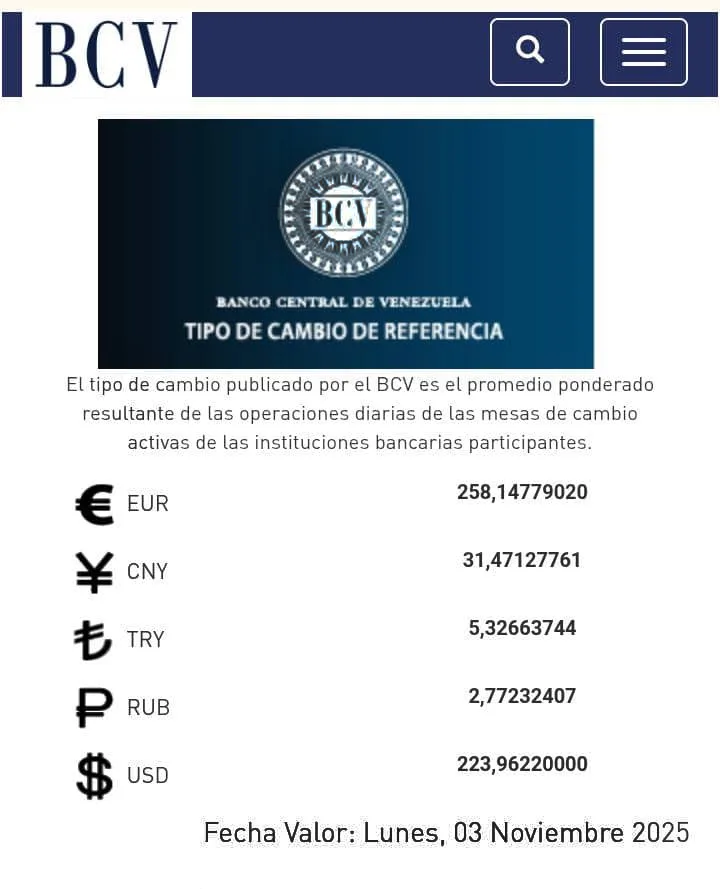 BCV Dólar se cotizará hasta el lunes 03 de noviembre en Bs 223 96