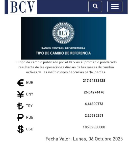 BCV Dólar se cotizará hasta el lunes 06 de octubre en Bs 185 39