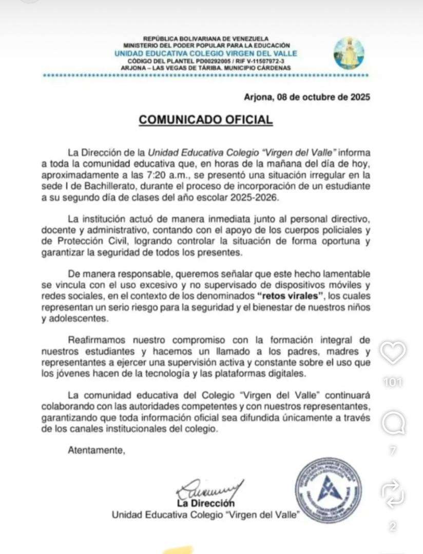 Sucesos.- Un estudiante de bachillerato hirió a tres personas con un arma blanca dentro de la Unidad Educativa Colegio Virgen del Valle, ubicada en el municipio Cárdenas (Táriba), Táchira, en cumplimiento de un reto viral, según reporte.