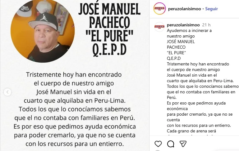 José Manuel Pacheco “El Pure” falleció solo en en Lima-Perú