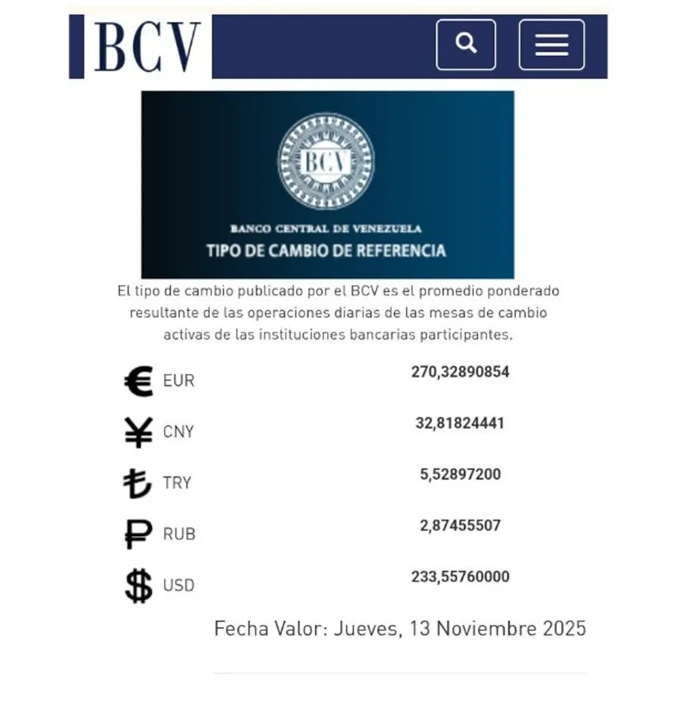 BCV Dólar se cotizará en Bs 233 55 este jueves 13 de noviembre