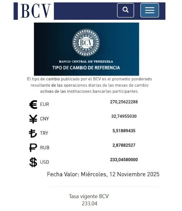 BCV Dólar se cotizará en Bs. 233,04 este miércoles 12 de noviembre