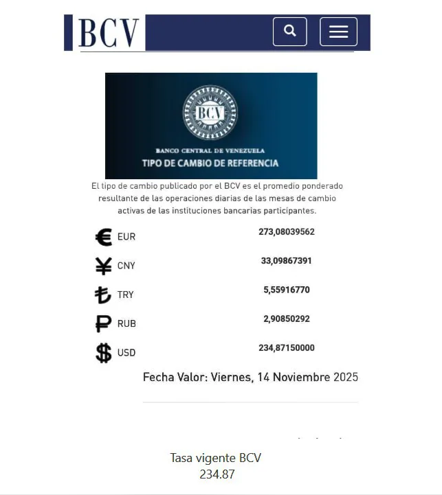 BCV Dólar se cotizará en Bs 234 87 este viernes 14 de noviembre