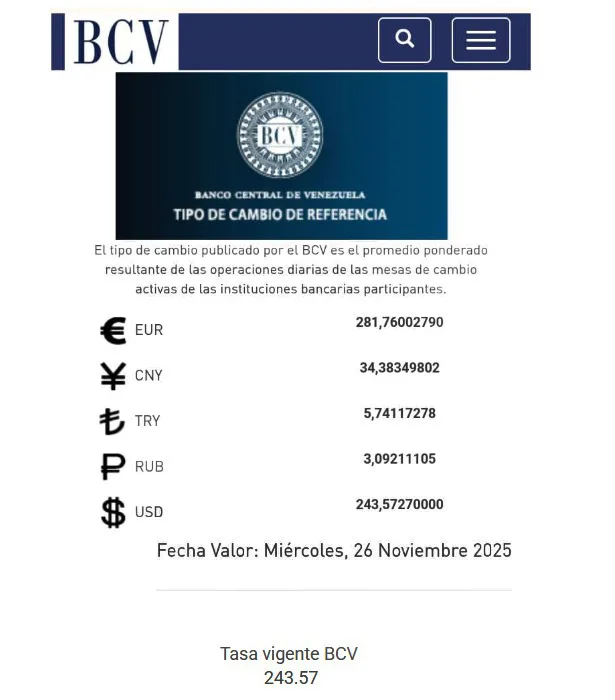 BCV Dólar se cotizará en Bs 243 57 este miércoles 26 de noviembre