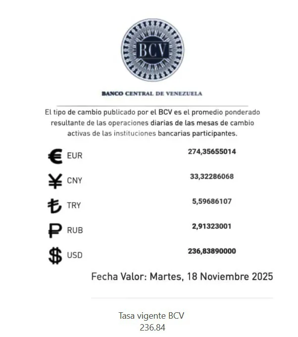 BCV fija el dólar a Bs 236 83 para este martes 18 de noviembre