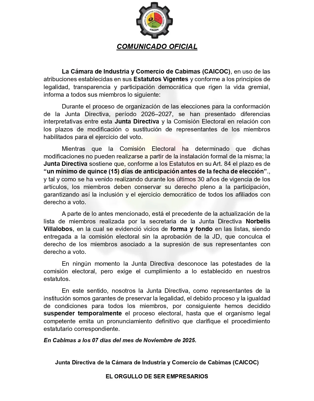 En Caicoc ratifican suspensión del proceso electoral 