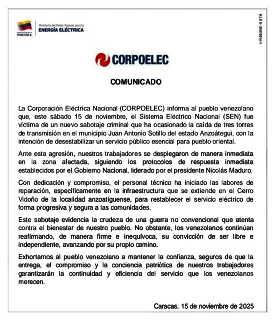 Corpoelec informa sabotaje Anzoátegui 