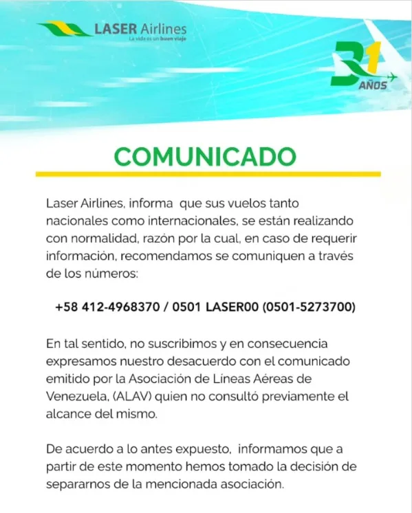 Laser informa que mantiene operaciones en vuelos nacionales e internacionales