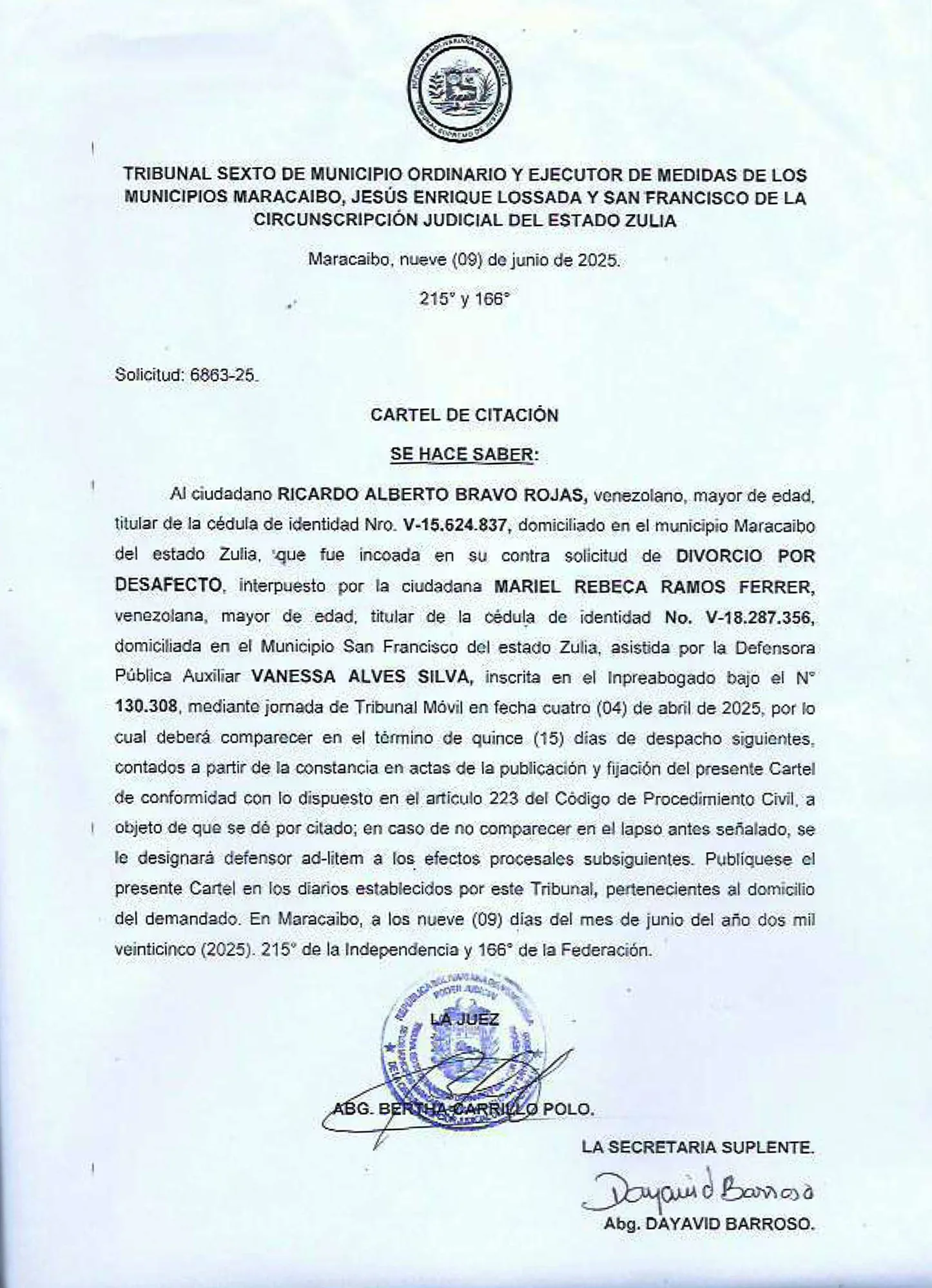 CARTEL DE CITACIÓN: "RICARDO ALBERTO BRAVO ROJAS"