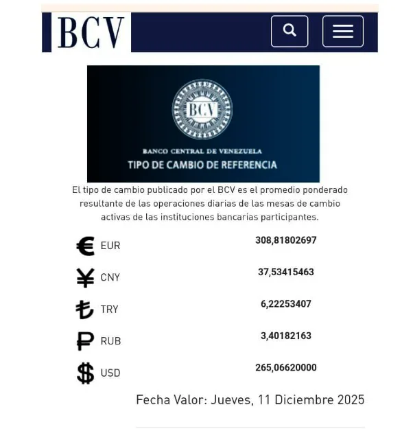 BCV cotiza el dólar en Bs. 265 06 para este jueves 11 de diciembre