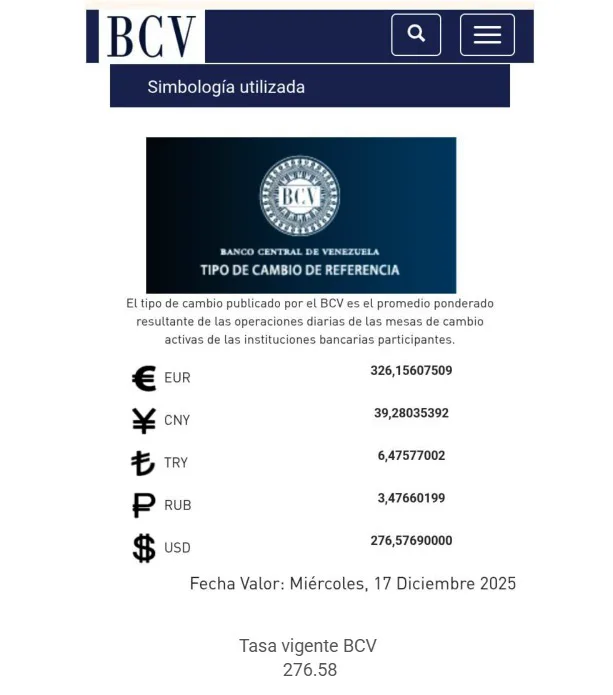 BCV el dólar se cotizará en 276 57 Bs miércoles 17 de diciembre